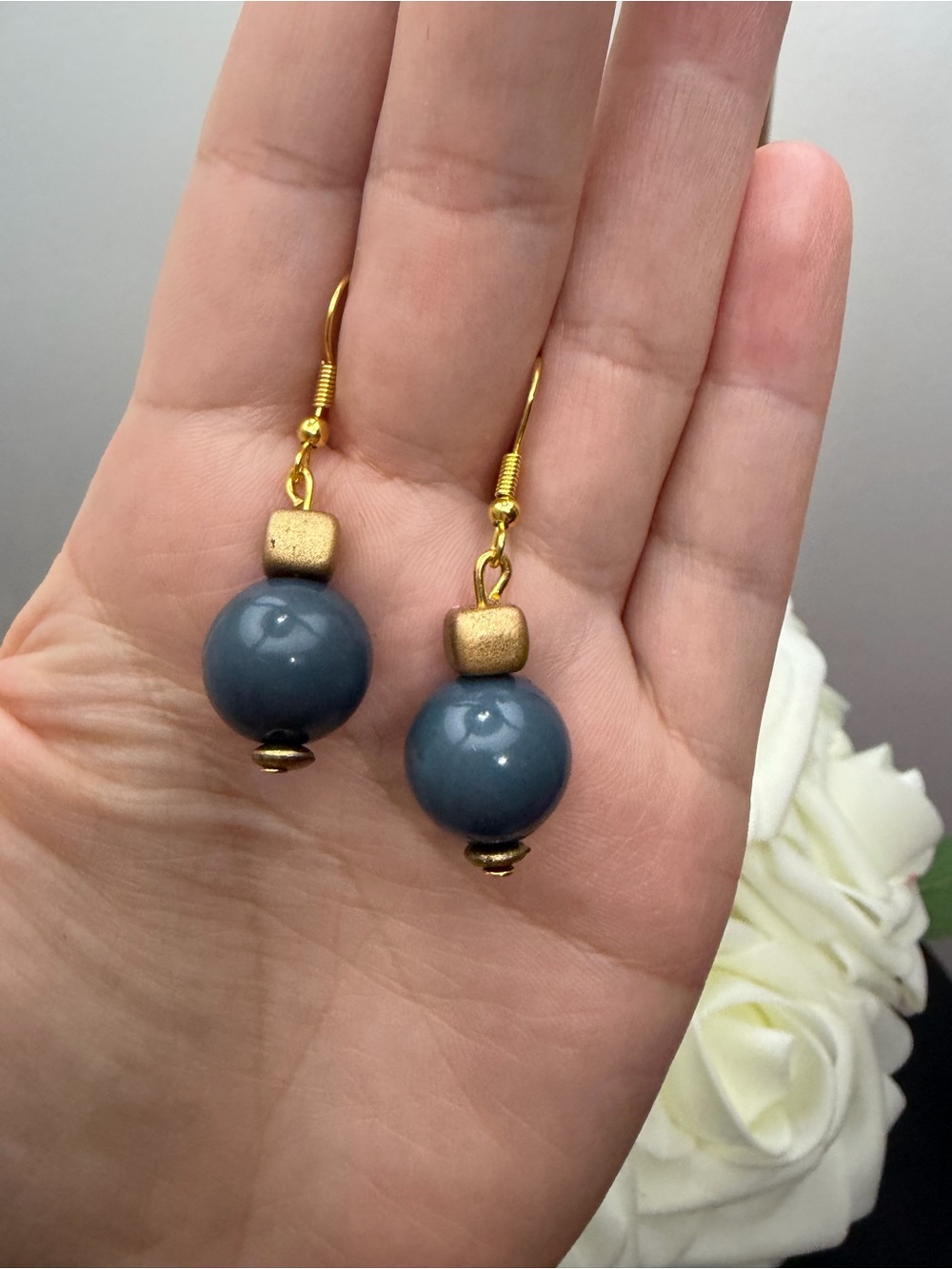 Gold and Slate Blue Bead Drop Earrings - Women Jewelry